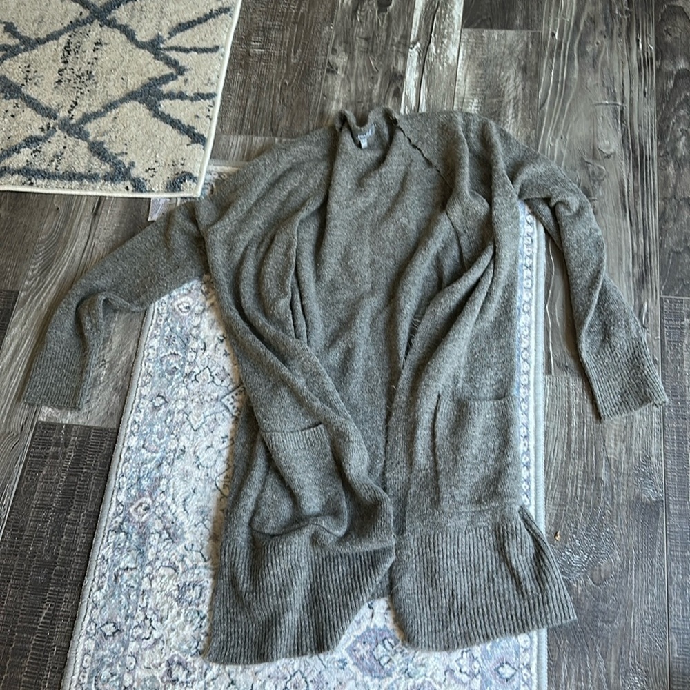 Long brown soft open sweater with front pockets (small)